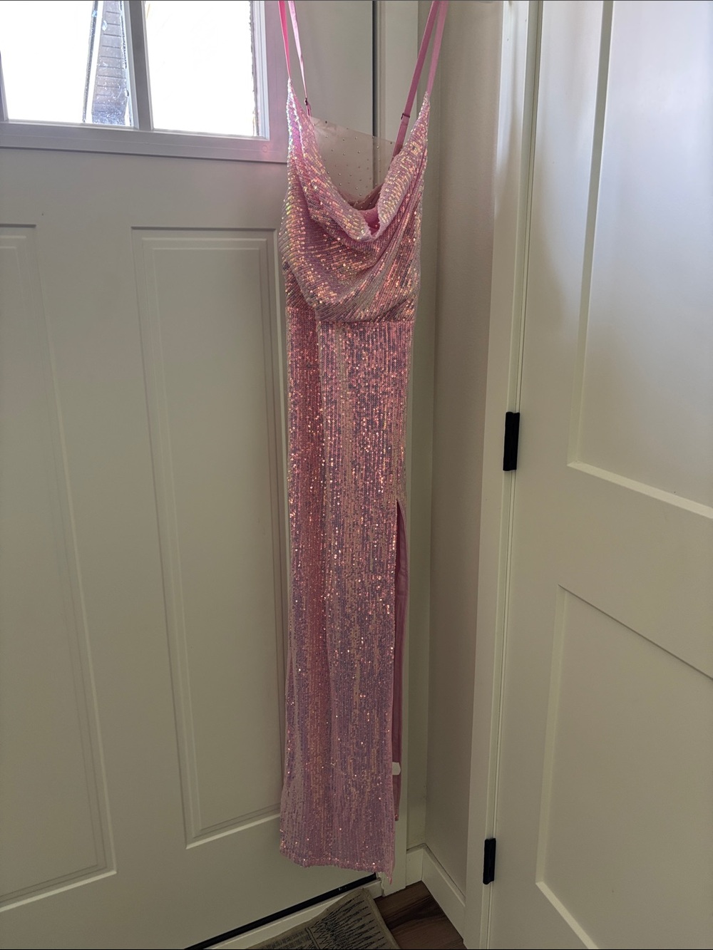 Joyfolie Pink Iridescent Sequin Cowl Neck Gown